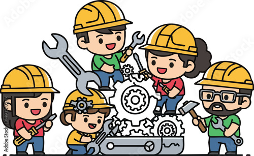 Cartoon Engineers Working Together with Tools.