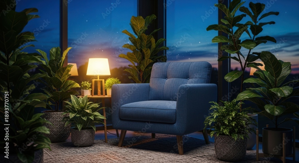 Fototapeta premium Cozy indoor space with an armchair surrounded by potted plants at dusk