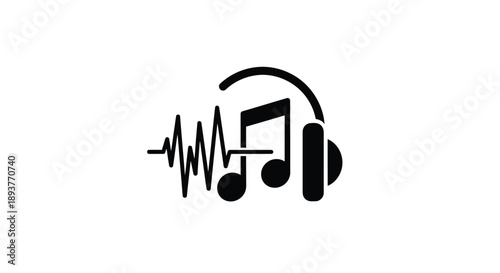 Black silhouette of headphones combined with music notes and sound waves