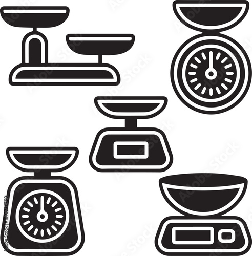Create Scale weight icon. Simple kitchen scales. Black outline and silhouette pictogram kitchen food weight tools in different shapes. Kilograms. Mass sign and symbol. Vector set without Background