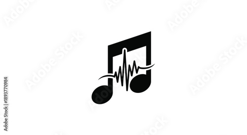 A black musical note with sound wave elements on a white background