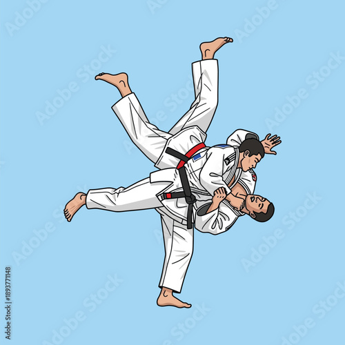 Martial arts training judo throw technique illustration.