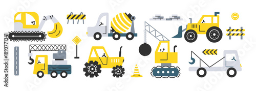 Cute construction vehicles set with excavator, crane, cement mixer, tractor, bulldozet. Building machines for kids illustration. Flat vector illustration isolated on white background.