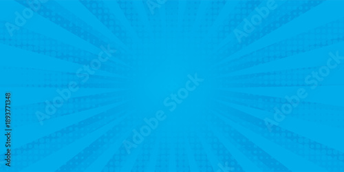 Comic background. Pop art texture. Starburst cartoon style. Anime design with explosion effect for print. Fun dot pattern. Blue backdrop with halftone gradient.
