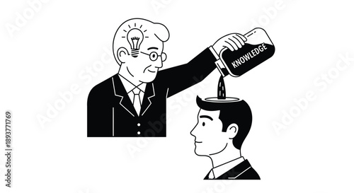 Vector illustration of businessman pouring ideas into colleague's head, concept for innovation or brainstorming, for presentation or website, isolated on transparent background, png