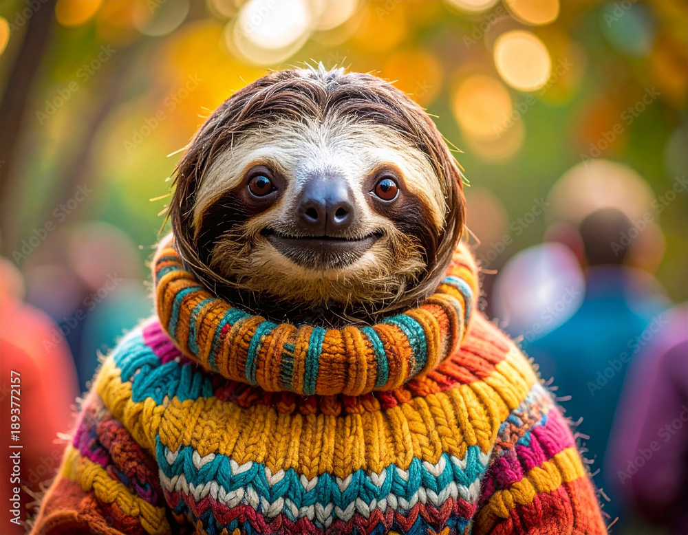 Obraz premium lächelndes Faultier in einem bunten Strickpullover