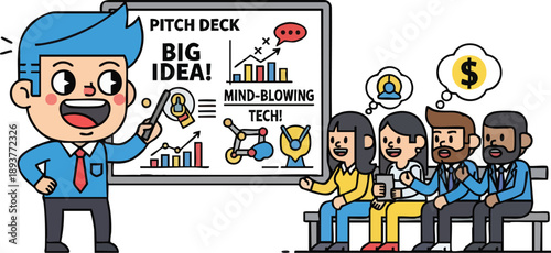 Cartoon Man Presenting Business Pitch Deck.