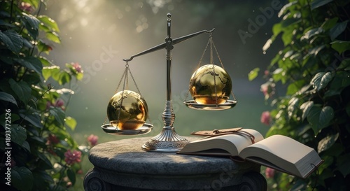 Golden globes on a scale, book open in a garden setting