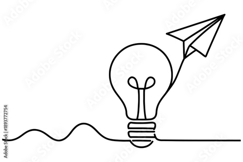 light bulb icon,
Continuous Line Light Bulb and Paper Plane Concept Vector