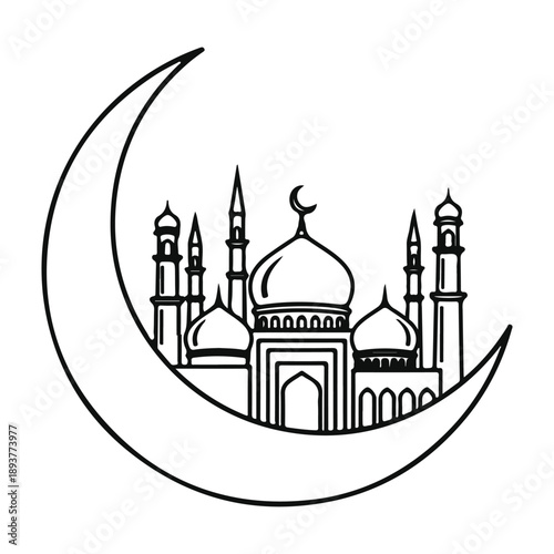 Mosque within crescent moon Vector