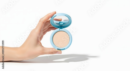 Hand holding open light blue compact powder, revealing beige foundation and mirror, perfect for beauty touch-ups and a smooth, matte finish