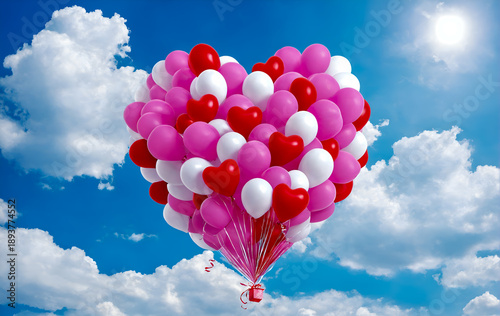 Red balloons in form of heart in the sky.