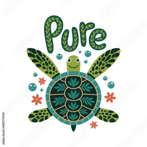 Pure nature sea turtle vector illustration for creative t-shirt design featuring whimsical leafy green patterns and decorative bubbles for apparel