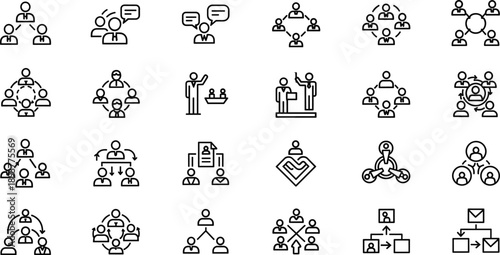 Team Collaboration and Organizational Structure Line Icon Set Featuring Group Communication, Hierarchy, Networking, and Business Relationship Diagrams
