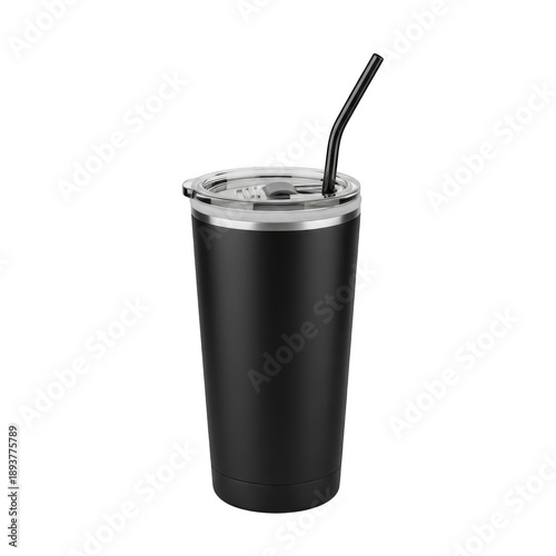 Modern stainless steel tumbler with straw isolated on transparent background