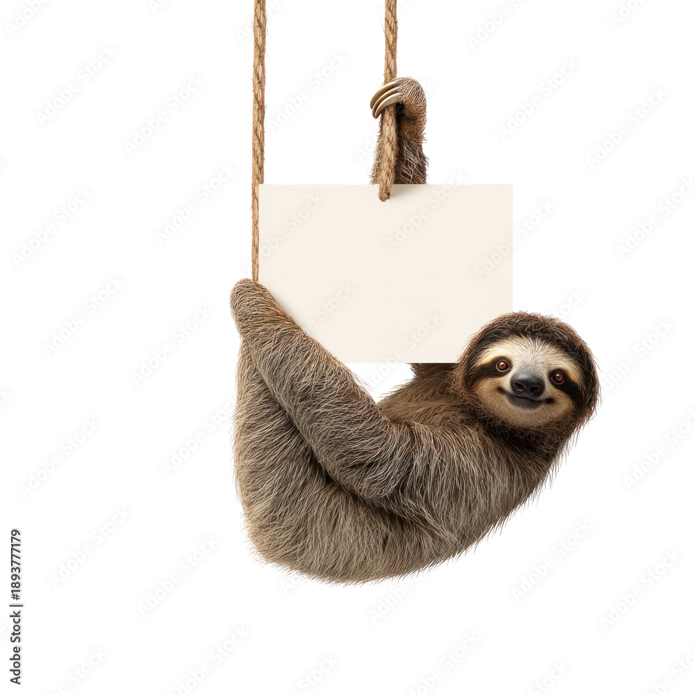 Fototapeta premium A sleepy sloth hanging and holding a blank sign on transparent background