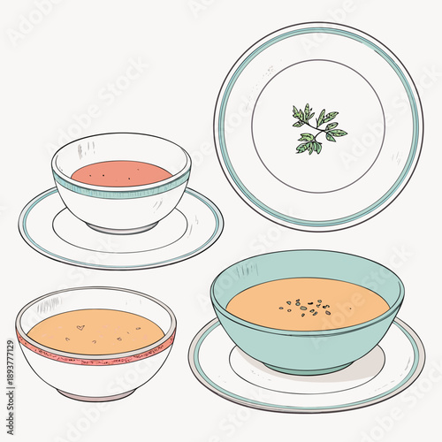 Collection of Bowls and Plates with Soup and Herbs Illustration from an Overhead Viewpoint
