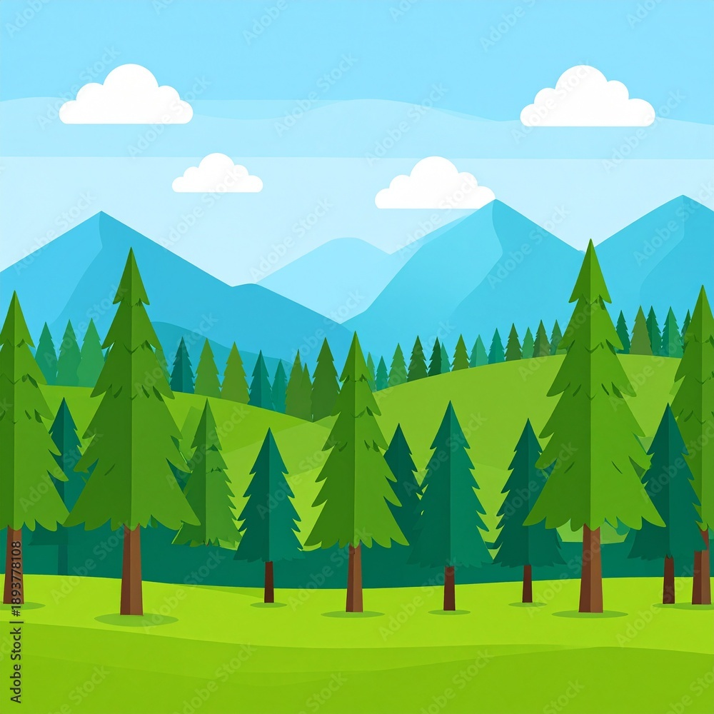 Fototapeta premium Vibrant green forest with tall pine trees and majestic blue mountains under sunny sky