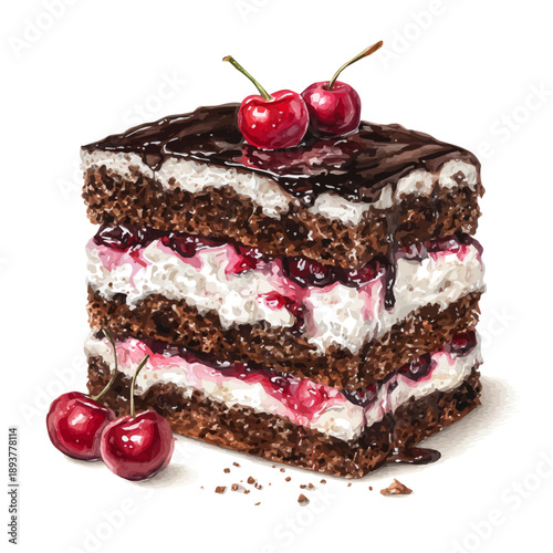 Watercolor Black Forest Cake vector, artistic painting style, high-resolution illustration on a pure white background.