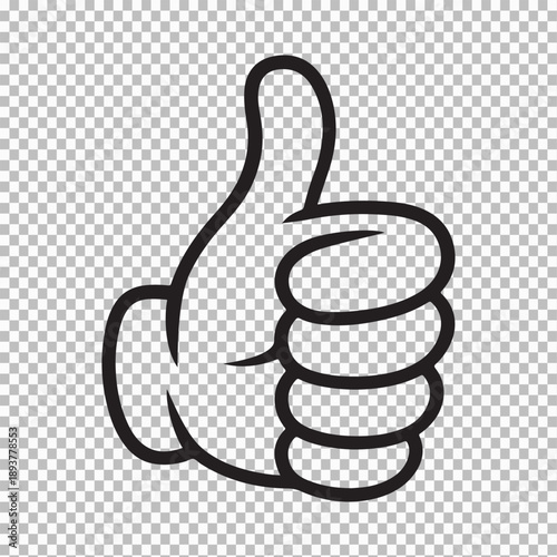 Thumbs up hand gesture in black outline on transparent background