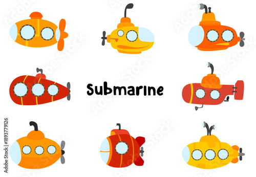 types of underwater submarines, colorful.