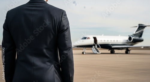Successful businessman standing in front of private jet on runway