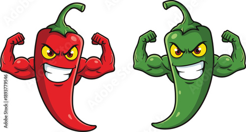 Cartoon chili pepper characters, red and green, muscular pose, spicy food concept, strong expression, vector illustration, bold design, fun style