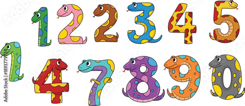 Cartoon snake number set, 0 to 9, colorful digits, fun math design, educational vector, kids learning, playful style, animal theme