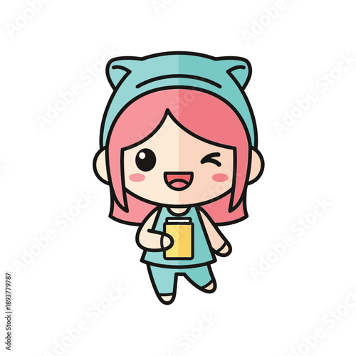 Cute Kawaii Girl with Cat Ears Vector Illustration