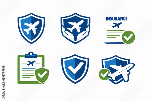 Airplane Insurance Logo Set Shield Hands and Document Designs.