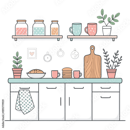 A kitchen counter with various utensils and appliances, surrounded by plants from a close-up viewpoint.