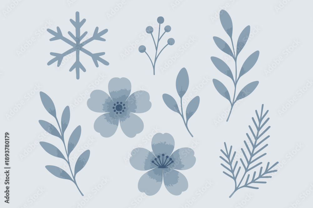 Fototapeta premium Elegant Winter Floral and Snowflake Illustration in Soft Blue Tones.