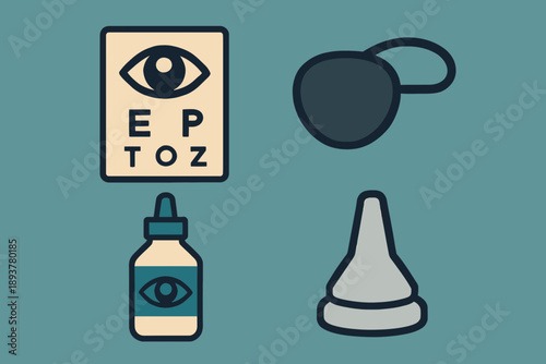 Eye exam and treatment icons for vision care concept.