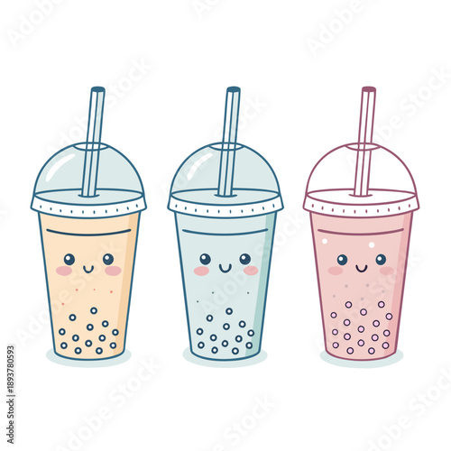 Three cartoon bubble tea cups with smiling faces and straws on a clean background