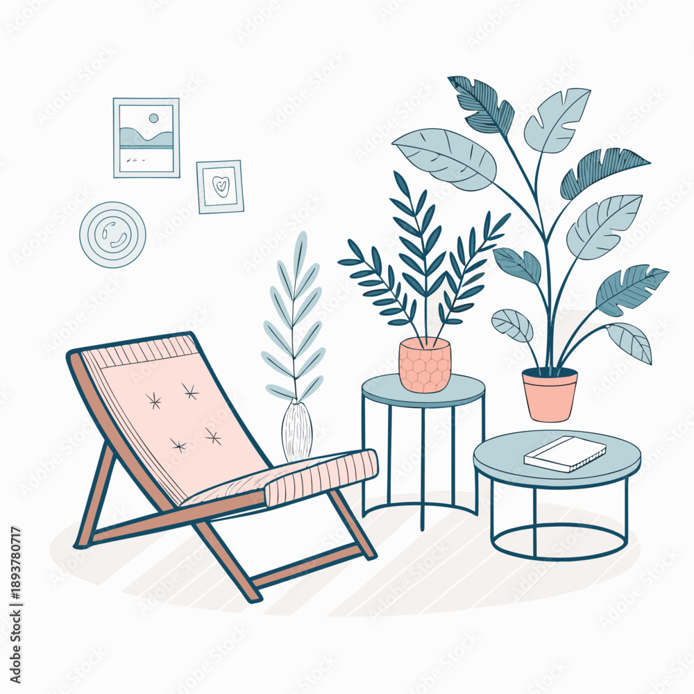 Fototapeta premium Relaxing scene with a lounge chair surrounded by potted plants in a serene indoor environment viewed from a slightly elevated perspective