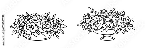 Floral centerpiece arrangements for wedding decor, hand drawn set, vector illustration