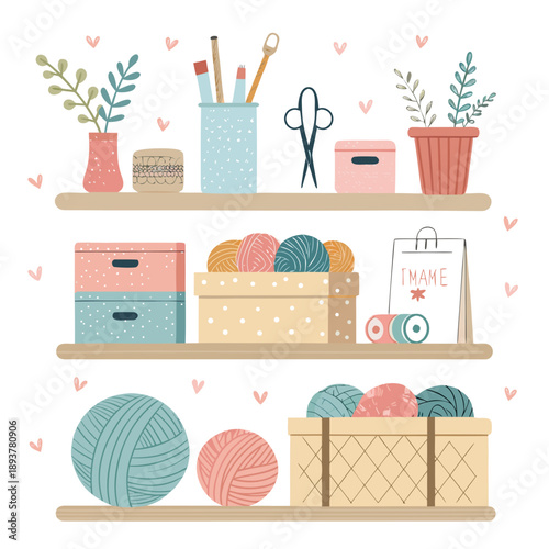 Colorful illustration of crafting supplies on wooden shelves with yarn, threads, and stationery in a cozy hobby setting viewed from the front