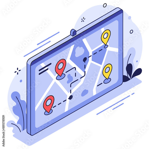 Isometric map navigation interface with location markers and path