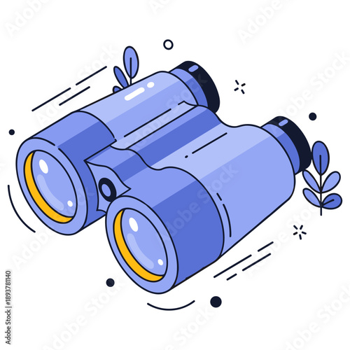 Blue binoculars with yellow accents and leaf details on white background