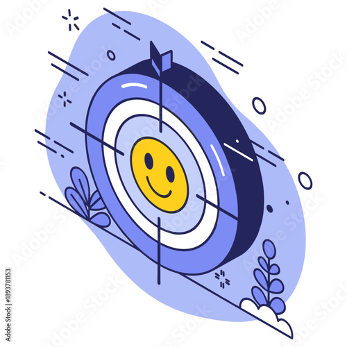 Smiley face on bullseye target with blue background and leaves