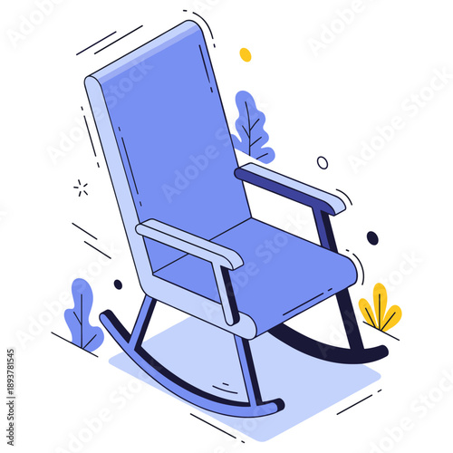 Stylized blue rocking chair with abstract leaf accents in modern design