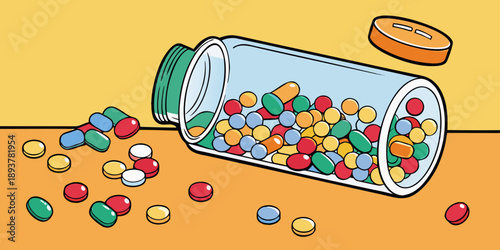 A glass jar spills out a variety of colorful pills onto a table.