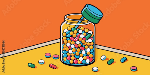 A glass jar spills out a variety of colorful pills onto a table.