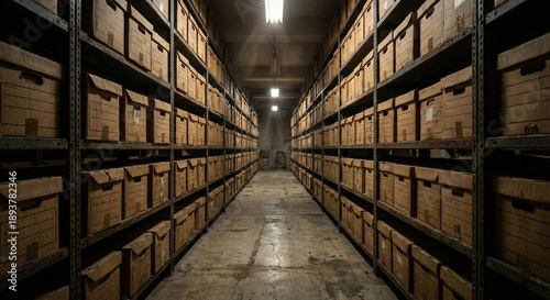 Dimly Lit Archive Room Filled with Cardboard Storage Boxes