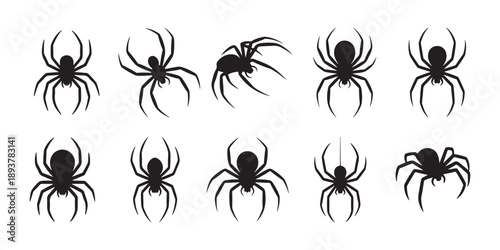 Collection of Black Spider Silhouettes in Various Poses, Halloween Icons, Isolated on White Background.