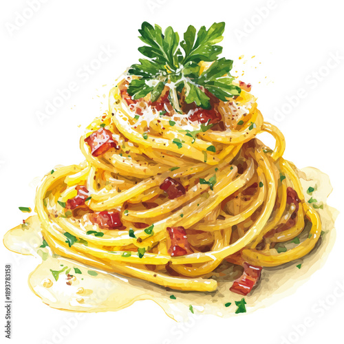 Spaghetti Carbonara watercolor artwork, high-quality professional vector illustration isolated on a white background.