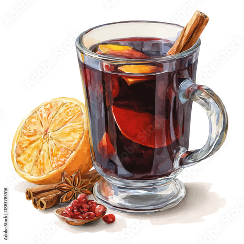 Mulled Wine watercolor vector illustration, high-quality artwork isolated on a pure white background.