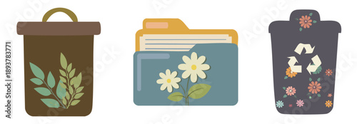 Sustainability Trio: Eco-friendly elements, with three simple icons which represent waste management, organizing, and reuse