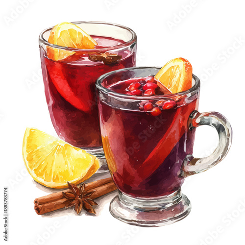 Mulled Wine watercolor vector, hand-painted style, high-quality illustration isolated on white background.