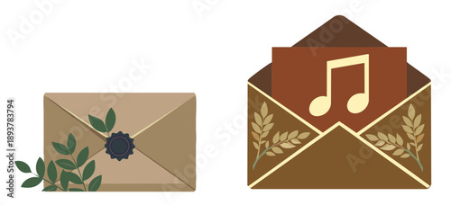 Musical Invitation: A beautifully crafted letter and envelope with a musical note, symbolizing the art of melodic correspondence and the joy of sharing. 